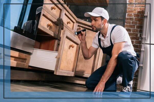 exterminator looking in drawers for pests